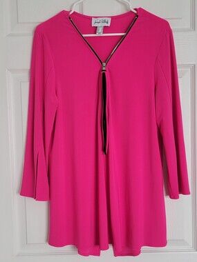Joseph Ribkoff Pink and Black Half Zip-Front Women's Tunic Top